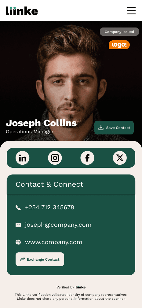 Verified digital business card – dark theme